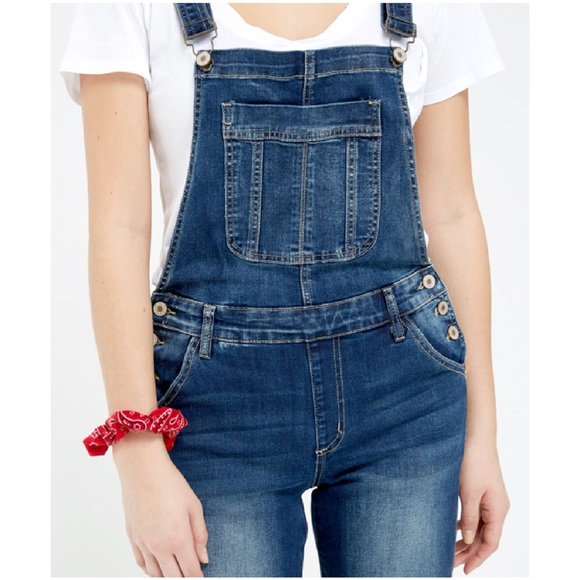 NWT KanCan Distressed Denim Overalls Size XL Dark Wash Jeans Open Back - Picture 8 of 10